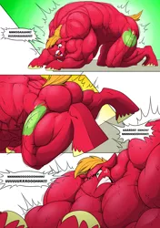 Size: 1800x2561 | Tagged: suggestive, artist:ponyanony, derpibooru import, part of a set, big macintosh, pony, comic:injection, big backintosh, butt, fetish, great macintosh, muscle fetish, muscle growth, muscles, overdeveloped muscles, part of a series, screaming, speech bubble, sweat