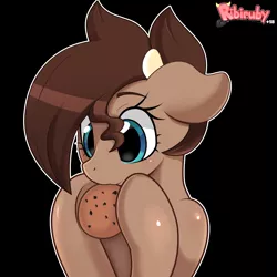 Size: 4400x4400 | Tagged: safe, artist:ribiruby, derpibooru import, oc, oc:ruby big heart, unofficial characters only, earth pony, pony, black background, cookie, cow horns, eating, female, floppy ears, food, holding, mare, nom, simple background, smiling, solo