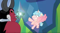 Size: 1680x944 | Tagged: safe, derpibooru import, screencap, cozy glow, lord tirek, alicorn, centaur, pony, the ending of the end, alicornified, animation error, bell, cozycorn, duo, faic, great moments in animation, grogar's bell, race swap, wat