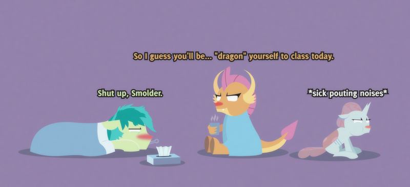 Size: 2868x1307 | Tagged: safe, artist:gd_inuk, derpibooru import, ocellus, sandbar, smolder, changedling, changeling, dragon, earth pony, pony, blank eyes, blanket, claw hold, cup, descriptive noise, dialogue, dragoness, empty eyes, female, inktober, inktober 2019, lineless, lying down, male, messy mane, no mouth, no pupils, pouting, pun, purple background, sandbar is not amused, shut up, sick, simple background, sitting, story included, stylized, thermometer, tissue box, trio, unamused