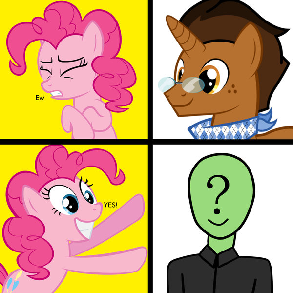 Size: 1300x1300 | Tagged: safe, derpibooru import, pinkie pie, oc, oc:anon, oc:copper plume, human, pony, female, glasses, hotline bling, male, meme