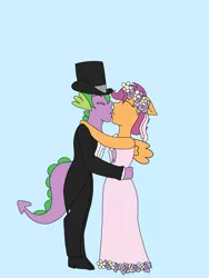 Size: 1536x2048 | Tagged: safe, artist:mintymelody, derpibooru import, scootaloo, spike, anthro, a canterlot wedding, clothes, female, flower filly, flower girl, flower girl dress, hat, kissing, male, marriage, scootaspike, shipping, straight, suit, top hat, tuxedo, wedding