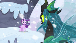 Size: 1920x1080 | Tagged: safe, derpibooru import, screencap, queen chrysalis, starlight glimmer, changeling, pony, unicorn, the ending of the end, animated, avalanche, badass, dreamworks face, female, fight, magic, mare, put it on my tab, sassy, smug, smuglight glimmer, snow, sound, starlight glimmer is best facemaker, ultimate chrysalis, walking, walking away, webm, windswept mane