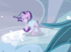 Size: 500x363 | Tagged: safe, derpibooru import, screencap, queen chrysalis, starlight glimmer, changeling, pony, unicorn, the ending of the end, animated, cropped, female, mare, smug, smuglight glimmer, snow, solo focus, wind, windswept mane