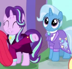 Size: 278x266 | Tagged: safe, derpibooru import, screencap, apple bloom, starlight glimmer, trixie, pony, unicorn, the last problem, all is well, bags under eyes, blazer, clothes, collar, cropped, cuffs (clothes), cute, diatrixes, duo focus, female, guidance counselor trixie, happy, happy ending, headmare starlight, mare, older, older starlight glimmer, older trixie, raised hoof, smiling, suit, waving