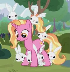 Size: 615x636 | Tagged: safe, derpibooru import, screencap, angel bunny, luster dawn, pony, rabbit, unicorn, the last problem, animal, cropped, cute, dirty, female, glare, looking down, mare, smiling, smirk