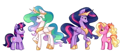 Size: 2000x938 | Tagged: safe, artist:theluckyangel, derpibooru import, luster dawn, princess celestia, princess twilight 2.0, twilight sparkle, twilight sparkle (alicorn), alicorn, pony, unicorn, the last problem, female, mare, older, older twilight, simple background, then and now, transparent background, unicorn twilight