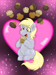 Size: 2448x3264 | Tagged: safe, artist:wispy tuft, derpibooru import, derpy hooves, pegasus, pony, bubble, chubby, cross-eyed, cute, derpabetes, food, happy, happy birthday mlp:fim, heart, love, mlp fim's ninth anniversary, muffin, solo, thrilled