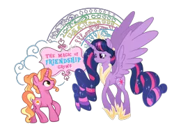 Size: 900x675 | Tagged: safe, artist:santamouse23, derpibooru import, applejack, fluttershy, luster dawn, pinkie pie, princess twilight 2.0, rainbow dash, rarity, twilight sparkle, twilight sparkle (alicorn), alicorn, pony, unicorn, season 9, the last problem, spoiler:s09, flowy mane, mane six, ponytail, rainbow, text, the magic of friendship grows