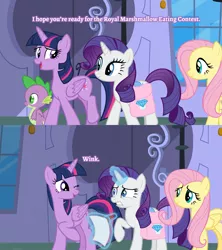 Size: 2000x2250 | Tagged: safe, derpibooru import, edit, edited screencap, screencap, fluttershy, rarity, spike, twilight sparkle, twilight sparkle (alicorn), alicorn, dragon, pegasus, pony, unicorn, the ending of the end, bag, canterlot, caption, comic, female, image macro, implied cunnilingus, implied lesbian, implied oral, implied rarilight, implied sex, implied shipping, innuendo, male, mare, one eye closed, saddle bag, screencap comic, text, two panels, wink