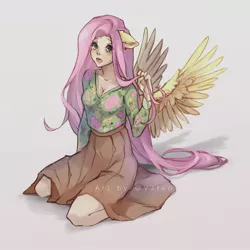 Size: 1000x1000 | Tagged: artist:valentina_212004, derpibooru import, eared humanization, fluttershy, human, humanized, kneeling, safe, solo, winged humanization, wings