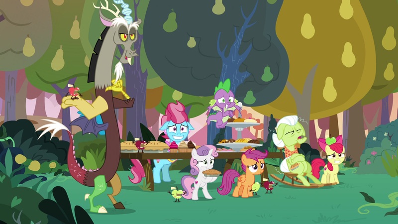 Size: 1920x1080 | Tagged: safe, derpibooru import, screencap, apple bloom, cup cake, discord, granny smith, scootaloo, spike, sweetie belle, dragon, pony, the big mac question, apple, bipedal, cake, cutie mark crusaders, floppy ears, food, pear tree, pie, rocking chair, tree, winged spike
