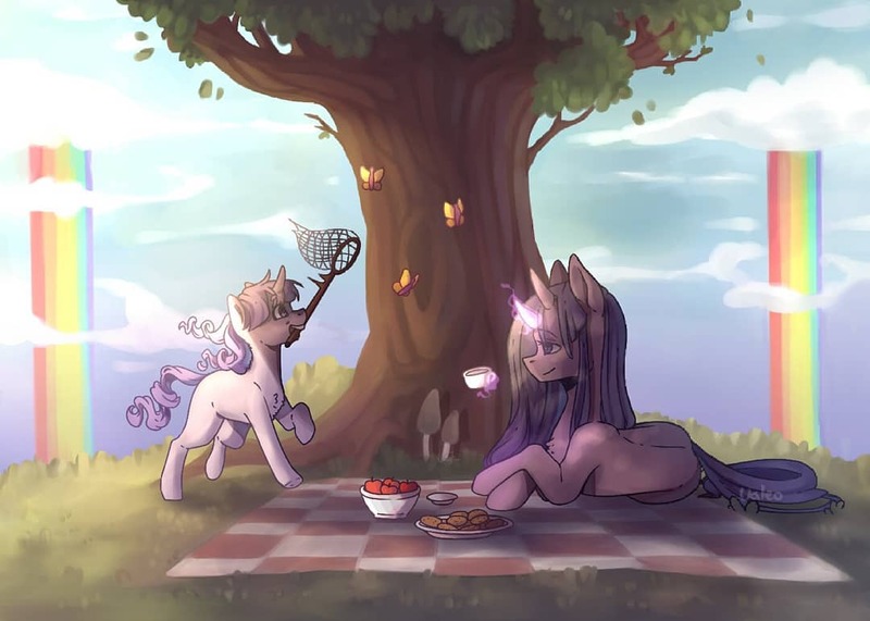 Size: 1080x771 | Tagged: safe, alternate version, artist:valentina_212004, derpibooru import, twilight sparkle, oc, butterfly, unicorn, apple, butterfly net, cloud, cookie, cup, food, picnic, picnic blanket, rainbow, rainbow waterfall, tree, unicorn twilight