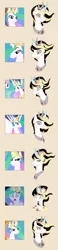 Size: 850x3675 | Tagged: safe, artist:shadobabe, derpibooru import, princess celestia, oc, oc:prince pax, alicorn, draconequus, hybrid, pony, comparison, draconequus oc, facial expressions, female, interspecies offspring, mare, offspring, parent:discord, parent:princess celestia, parents:dislestia