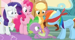 Size: 1222x654 | Tagged: safe, artist:porygon2z, derpibooru import, applejack, pinkie pie, rainbow dash, rarity, spike, dragon, earth pony, pegasus, pony, unicorn, blindfold, feet, fetish, foot fetish, smelly, smelly feet