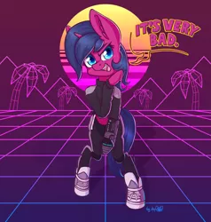 Size: 2560x2686 | Tagged: safe, artist:dsp2003, derpibooru import, oc, oc:fizzy pop, pony, unicorn, bipedal, clothes, commission, costume, female, looking at you, mare, open mouth, outrun, palm tree, power glove, pyramid, shoes, signature, sneakers, sunset, tree, vaporwave, wireframe