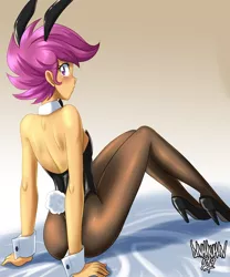 Size: 2500x3000 | Tagged: suggestive, artist:danmakuman, derpibooru import, scootaloo, human, equestria girls, blushing, breasts, bunny ears, bunny suit, clothes, delicious flat chest, digital art, female, high heels, humanized, leotard, looking at you, looking back, looking back at you, looking over shoulder, older, older scootaloo, pantyhose, scootaflat, shoes, thong leotard, tomboy taming