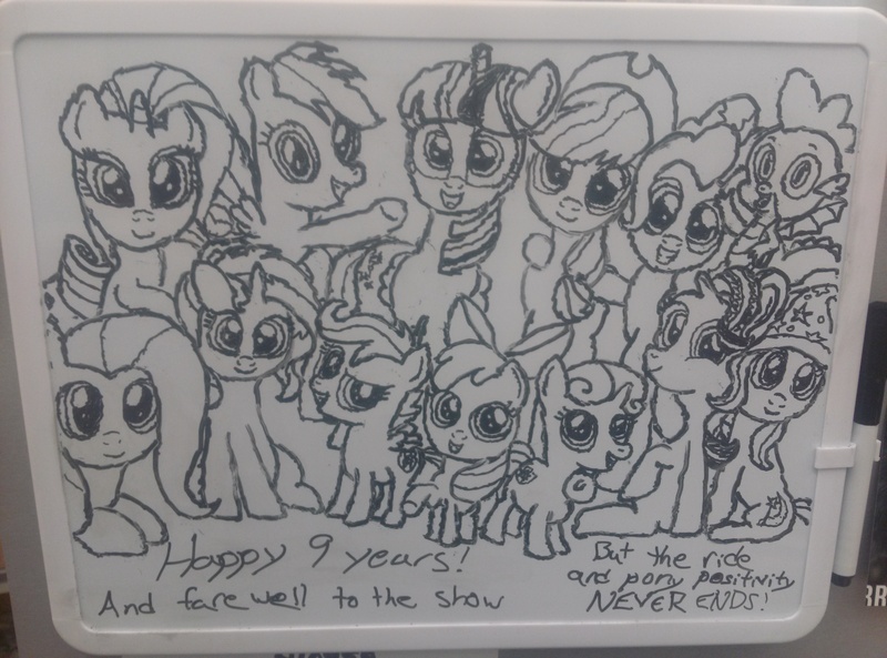 Size: 4208x3120 | Tagged: alicorn, apple bloom, applejack, derpibooru import, end of ponies, fluttershy, happy birthday mlp:fim, mlp fim's ninth anniversary, photo, pinkie pie, rainbow dash, rarity, safe, scootaloo, spike, starlight glimmer, sunset shimmer, sweetie belle, the ride never ends, traditional art, trixie, twilight sparkle, twilight sparkle (alicorn), white board