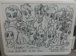 Size: 4208x3120 | Tagged: alicorn, apple bloom, applejack, derpibooru import, end of ponies, fluttershy, happy birthday mlp:fim, mlp fim's ninth anniversary, photo, pinkie pie, rainbow dash, rarity, safe, scootaloo, spike, starlight glimmer, sunset shimmer, sweetie belle, the ride never ends, traditional art, trixie, twilight sparkle, twilight sparkle (alicorn), white board