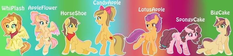 Size: 1280x312 | Tagged: safe, artist:angelgroup, artist:kittypaintyt, derpibooru import, oc, oc:apple flower, oc:big cake, oc:candy apple, oc:horseshoe, oc:lotus apple, oc:spongy cake, oc:whiplash, earth pony, pegasus, pony, unicorn, bandana, base used, bow, cousins, cowboy hat, freckles, hair bow, half-siblings, hat, offspring, parent:apple bloom, parent:applejack, parent:big macintosh, parent:braeburn, parent:caramel, parent:fluttershy, parent:sugar belle, parent:tender taps, parents:braeshy, parents:carajack, parents:fluttermac, parents:sugarmac, parents:tenderbloom