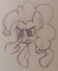 Size: 506x616 | Tagged: safe, anonymous artist, derpibooru import, pinkie pie, earth pony, pony, /mlp/, angry, boop, mlpg, monochrome, solo, traditional art