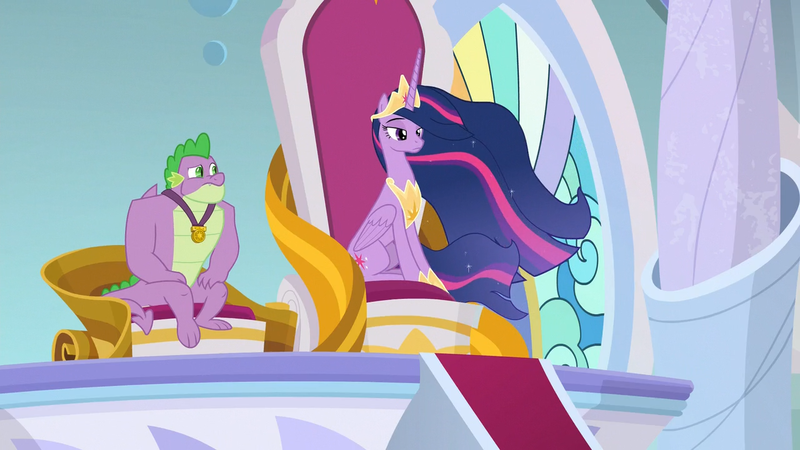 Size: 1280x720 | Tagged: alicorn, canterlot throne room, crown, derpibooru import, dragon, ethereal mane, gigachad spike, jewelry, magic, older, older spike, princess twilight 2.0, regalia, royal advisor, safe, screencap, spike, the last problem, throne, twilight sparkle, twilight sparkle (alicorn), winged spike, wings