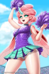 Size: 700x1050 | Tagged: 2 4 6 greaaat, artist:racoonsan, breasts, busty ocellus, changedling, changeling, cheerleader, cheerleader ocellus, cheerleader outfit, clothes, cute, derpibooru import, female, horn, horned humanization, human, humanized, miniskirt, ocellus, older, panties, pleated skirt, skirt, skirt lift, solo, solo female, suggestive, tanktop, thighs, underwear, upskirt, white underwear, winged humanization, wings