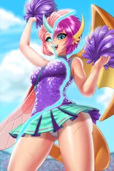 Size: 3000x4500 | Tagged: 2 4 6 greaaat, artist:racoonsan, breasts, busty ocellus, busty smolder, changeling, cheerleader, cheerleader ocellus, cheerleader outfit, cheerleader smolder, clothes, cute, derpibooru import, disguise, disguised changeling, dragon, female, horn, horned humanization, human, humanized, miniskirt, ocellus, older, panties, pleated skirt, shapeshifting, skirt, skirt lift, smolder, solo, solo female, suggestive, tailed humanization, tanktop, thighs, transformation, underwear, upskirt, white underwear, winged humanization, wings
