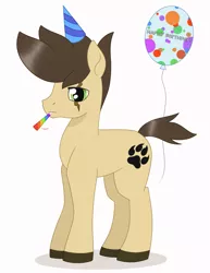 Size: 1563x2027 | Tagged: safe, artist:dyonys, derpibooru import, oc, oc:night chaser, earth pony, pony, balloon, hat, looking at you, male, party hat, scar, simple background, solo, stallion, standing, white background