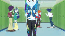 Size: 444x250 | Tagged: safe, derpibooru import, screencap, blueberry cake, curly winds, drama letter, rainbow dash, some blue guy, watermelody, wiz kid, equestria girls, equestria girls series, run to break free, spoiler:eqg series (season 2), animated, backpack, canterlot high, clothes, converse, cute, dashabetes, eyes closed, geode of super speed, gif, hallway, head scratch, looking at you, magical geodes, rainbow dash is not amused, sad, sadorable, shoes, singing, solo focus, talking, unamused, walking