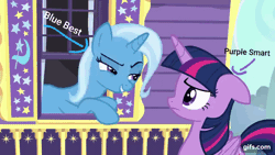 Size: 640x360 | Tagged: safe, derpibooru import, edit, edited screencap, screencap, trixie, twilight sparkle, twilight sparkle (alicorn), alicorn, pony, unicorn, to where and back again, 1000 hours in ms paint, animated, arrow, blue best, gif, gifs.com, purple smart, trixie's wagon