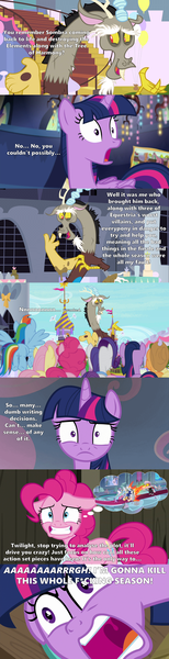 Size: 2000x7817 | Tagged: safe, derpibooru import, edit, edited screencap, screencap, applejack, cozy glow, discord, fluttershy, lord tirek, pinkie pie, queen chrysalis, rainbow dash, rarity, twilight sparkle, twilight sparkle (alicorn), alicorn, a trivial pursuit, horse play, the ending of the end, angry, berserk, caption, censored, censored vulgarity, comic, discord drama, drama, eye twitch, image, mane six, nervous, parody, png, rage, screencap comic, shrug, swearing, this is trivia trot, thought bubble, vulgar, yelling, yugioh abridged