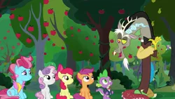 Size: 1920x1080 | Tagged: safe, derpibooru import, screencap, apple bloom, cup cake, discord, scootaloo, spike, sweetie belle, pony, the big mac question, apple, apple tree, bowtie, clothes, cutie mark crusaders, food, pear tree, suit, tree