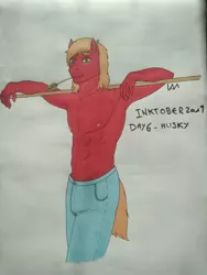 Size: 3120x4160 | Tagged: suggestive, artist:0-van-0, derpibooru import, big macintosh, anthro, earth pony, abs, armpits, clothes, freckles, inktober, jeans, male, muscles, pants, partial nudity, solo, solo male, topless, traditional art