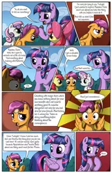 Size: 2030x3130 | Tagged: safe, artist:sirzi, derpibooru import, apple bloom, scootaloo, sweetie belle, twilight sparkle, twilight sparkle (alicorn), alicorn, earth pony, pegasus, pony, unicorn, comic:talisman for a pony, bow, clothes, comic, cutie mark crusaders, female, filly, guilty, hair bow, jackie chan adventures, speech bubble, talisman, trio