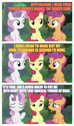 Size: 1915x3264 | Tagged: suggestive, derpibooru import, edit, edited screencap, screencap, apple bloom, scootaloo, sweetie belle, earth pony, pegasus, pony, unicorn, the big mac question, caption, cutie mark crusaders, female, image macro, imgflip, implied foalcon, lesbian, shipping, sweetiebloom, text