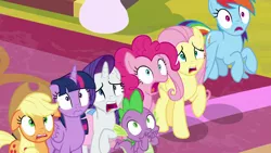 Size: 1920x1080 | Tagged: safe, derpibooru import, screencap, applejack, fluttershy, pinkie pie, rainbow dash, rarity, spike, twilight sparkle, twilight sparkle (alicorn), alicorn, dragon, earth pony, pegasus, pony, unicorn, season 9, the ending of the end, spoiler:s09, female, flying, frown, horrified, image, male, mane seven, mane six, mare, open mouth, png, raised hoof, shocked, shrunken pupils, surprised, varying degrees of do not want, wide eyes, winged spike