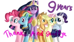 Size: 1280x720 | Tagged: safe, artist:jbond, derpibooru import, applejack, fluttershy, pinkie pie, princess twilight 2.0, rainbow dash, rarity, twilight sparkle, twilight sparkle (alicorn), alicorn, earth pony, pegasus, pony, unicorn, the last problem, happy birthday mlp:fim, mane six, mlp fim's ninth anniversary, older, older applejack, older fluttershy, older mane six, older pinkie pie, older rainbow dash, older rarity, older twilight, text