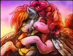 Size: 1276x981 | Tagged: safe, artist:bantha, derpibooru import, edit, pinkie pie, rainbow dash, earth pony, pegasus, pony, clothes, cute, duo, duo female, explicit source, eyes closed, female, hooves, hug, mare, nuzzling, one eye closed, squishy cheeks, sunset, uniform, unshorn fetlocks, winghug, wonderbolt trainee uniform