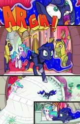 Size: 3979x6144 | Tagged: safe, artist:docwario, derpibooru import, princess celestia, princess luna, alicorn, earth pony, pony, comic:royal chores, angry, comic, cute, logo, lunabetes, madorable, royal guard, royal sisters