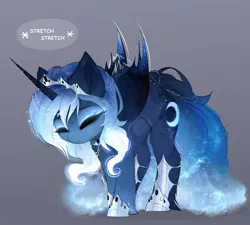 Size: 1920x1725 | Tagged: safe, artist:magnaluna, derpibooru import, princess luna, alicorn, pony, alternate hairstyle, bat wings, behaving like a cat, butt fluff, cheek fluff, colored wings, colored wingtips, cute, descriptive noise, ear fluff, eyes closed, eyeshadow, female, fluffy, frown, glow, glowing mane, gradient wings, gray background, hoof fluff, horn, horn jewelry, jewelry, kitty luna, leg fluff, lunabetes, makeup, mare, regalia, shoulder fluff, simple background, solo, stretching, tail jewelry, unshorn fetlocks, wing fluff, wings