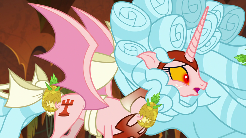 Size: 1920x1080 | Tagged: alicorn, alicornified, armor, bat wings, biting, butt bite, confused, cozybuse, cozycorn, cozy glow, derpibooru import, food, giant demon alicorn cozy glow, living pineapple, ouch, pineapple, race swap, safe, screencap, surprised, the ending of the end, wings, yellow sclera