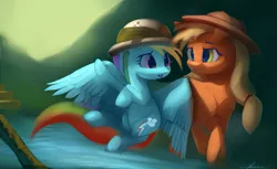 Size: 4900x3000 | Tagged: safe, artist:auroriia, derpibooru import, applejack, rainbow dash, earth pony, pegasus, pony, adventure, hat, jungle, missing accessory, pith helmet, river