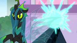 Size: 1920x1080 | Tagged: safe, derpibooru import, screencap, queen chrysalis, starlight glimmer, changeling, pony, unicorn, the ending of the end, animated, badass, female, fight, former queen chrysalis, magic, mare, sassy, snow, sound, teleportation, ultimate chrysalis, webm