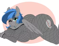 Size: 1328x1024 | Tagged: anthro, artist:littlebibbo, ass, big breasts, blushing, breasts, butt, butt freckles, chest freckles, circle background, cutie mark, derpibooru import, female, fishnet clothing, fishnets, freckles, huge breasts, large butt, looking at you, lying down, mare, oc, oc:bibbo, one eye closed, pegasus, smiling, solo, solo female, suggestive, the ass was fat, thighs, wide hips, wings, wink