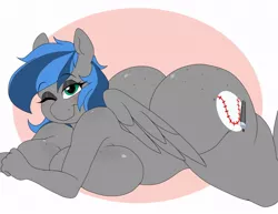 Size: 1024x790 | Tagged: alternate version, anthro, artist:littlebibbo, ass, big breasts, blushing, breasts, butt, butt freckles, chest freckles, circle background, cutie mark, derpibooru import, female, freckles, huge breasts, large butt, looking at you, lying down, mare, nudity, oc, oc:bibbo, one eye closed, pegasus, smiling, solo, solo female, suggestive, the ass was fat, thighs, wide hips, wings