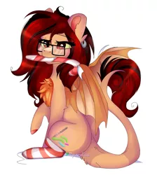 Size: 3007x3349 | Tagged: safe, artist:2pandita, derpibooru import, oc, oc:riana, unofficial characters only, dracony, dragon, hybrid, pony, candy, candy cane, clothes, female, food, glasses, mouth hold, simple background, socks, solo, striped socks, white background