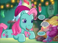 Size: 1207x900 | Tagged: safe, derpibooru import, edit, edited screencap, screencap, minty, pony, a very minty christmas, christmas, christmas lights, clothes, cute, dialogue, end of g4, g3, g3 to g4, generation leap, hat, holiday, implied derpy, mintabetes, santa hat, socks, speech bubble