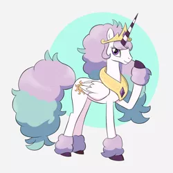 Size: 1200x1200 | Tagged: safe, artist:mew-me, derpibooru import, princess celestia, alicorn, galarian ponyta, pony, ponyta, abstract background, alternate hairstyle, clothes, cosplay, costume, crossover, cute, cutelestia, female, hilarious in hindsight, hoof over mouth, looking at you, mare, messy mane, messy tail, pokemon sword and shield, pokémon, simple background, smiling, solo, unshorn fetlocks, white background