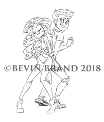 Size: 792x924 | Tagged: safe, artist:bevin brand, deleted from derpibooru, derpibooru import, flash sentry, sunset shimmer, equestria girls, black and white, clothes, converse, female, flashimmer, grayscale, image, jpeg, male, monochrome, obtrusive watermark, official fan art, shipping, shoes, straight, watermark
